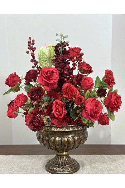 DİVA FLOWER EVENT Kırmızı Gül Vazo Aranjman – 40 cm Yapay Çiçek (45–50 cm Çap...