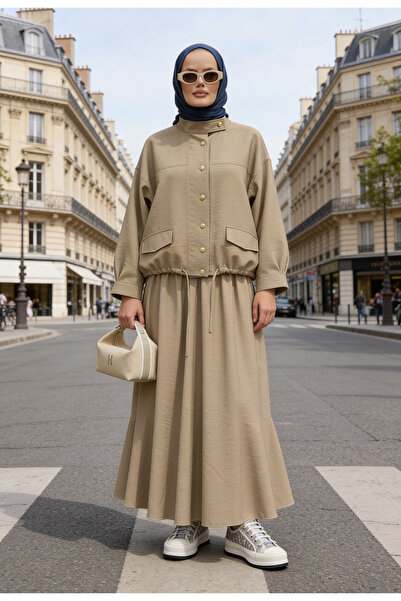 Aselim Hijap Moda Χρυσό Σετ Τένσελ με Κουμπιά - Σετ με Φούστα Τεσεττούρ - Μπεζ