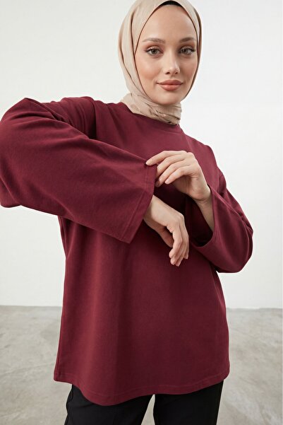 Lunfia Salaş Yuvarlak Yaka Penye Tunik - Bordo
