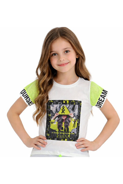 İrem Çocuk Giyim Girl's White Color T-Shirt with Patterned Front, Mesh Sleeve...