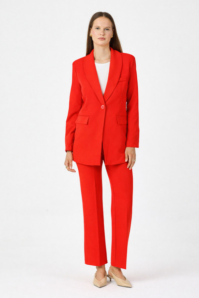 pembekurdelem Γυναικείο Σετ Παντελόνι και Σακάκι με Ένα Κουμπί Κόκκινο