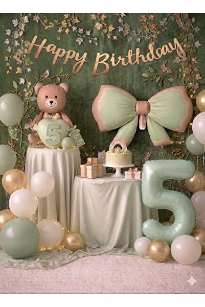 ÇITIPITISTORE Σετ γιορτής γενεθλίων με πράσινο φιόγκο αρκούδας και μπαλόνια α...