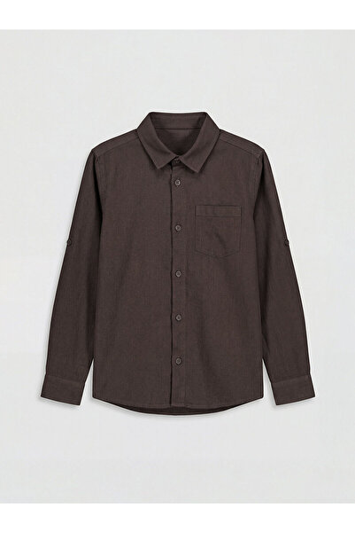 LC Waikiki Καφέ μακρυμάνικο πουκάμισο ποπλίνας για αγόρια από το κατάστημα Gi...