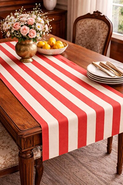 fdm desıgn Kırmızı Beyaz Çizgili Masa Runner 140x40 cm Dekoratif Şık Masa Örtüsü