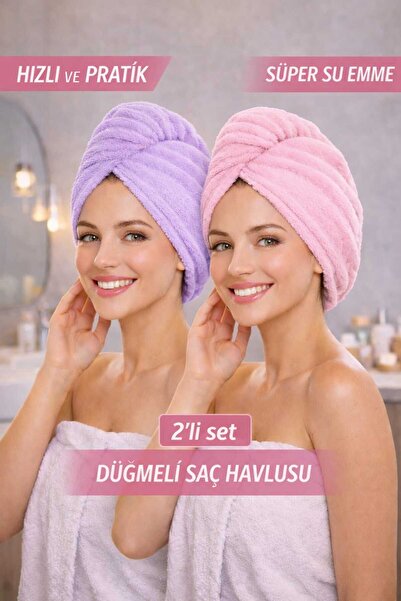 CHIZGY Welsoft Mikrofiber 2 Düğmeli Saç Havlusu Ultra Emici Hızlı Kuruyan Pra...