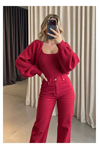 MaxiMor Women's Red Color Knitwear Knitted Raglan Sleeve Bolero Cardigan Kore...