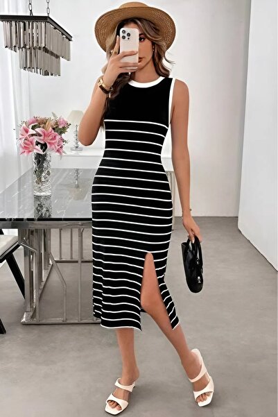 Varyete Γυναικείο πλεκτό φόρεμα μίντι με στρογγυλή λαιμόκοψη, λεπτομέρειες με...