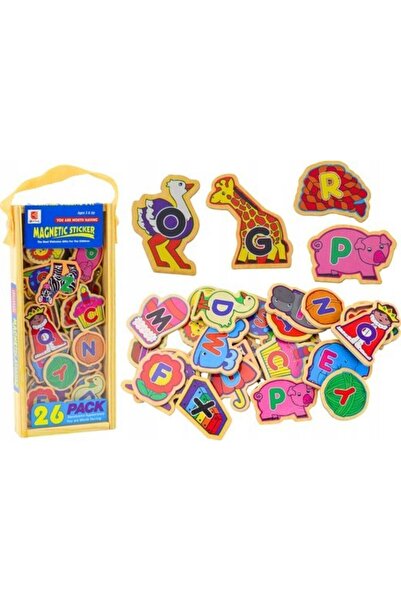 LeanToys Set de magneți din lemn, litere, imagini, animale, obiecte, 26 de piese