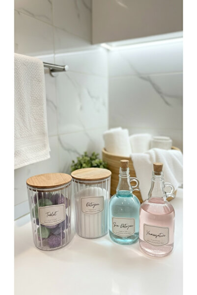 zezedesing Σετ 4 τεμαχίων Οβάλ βάζα απορρυπαντικού & ταμπλετών με ξύλινο καπά...