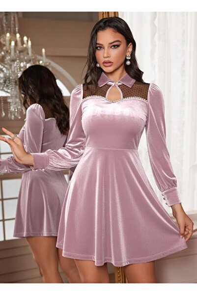 Wear Up Γυναικείο μακρυμάνικο φόρεμα με λεπτομέρεια από τούλι και πέρλες, μίν...