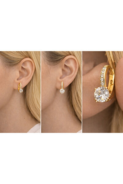 CMJEWELS Premium Tek Taş Gold Halka Küpe Zirkon Taşlı Minimal Şık Kadın Küpesi