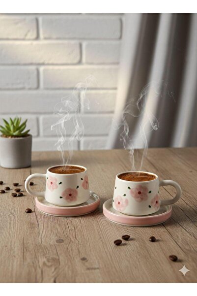 İNA PAZARLAMA 2-Piece Pink Poppy Plate Ceramic Mug Set