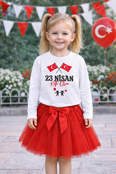 ues Σετ για κορίτσια με σημαία 23 Απριλίου, λευκό μακρυμάνικο μπλουζάκι και κ...