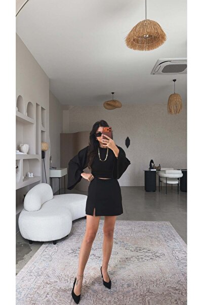Buket Teke Μαύρη Μίνι Φούστα Modal με Σκίσιμο και Σορτς