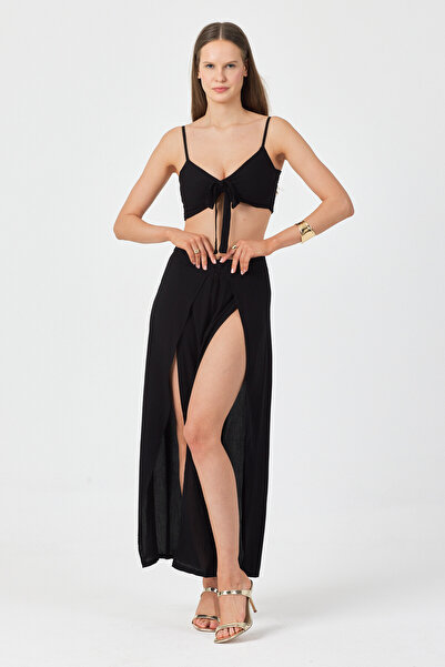 Rabi Shine Women's Woven Slit Beach High Waist Blouse-Pants Set