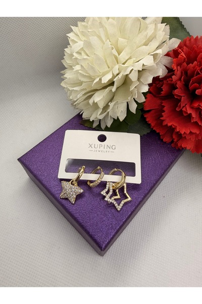 XUPING JEWELRY KUYUMCU SERİ ZİRKON TAŞLI YILDIZ FİYONK 3LÜ ÇELİK KÜPE SETİ