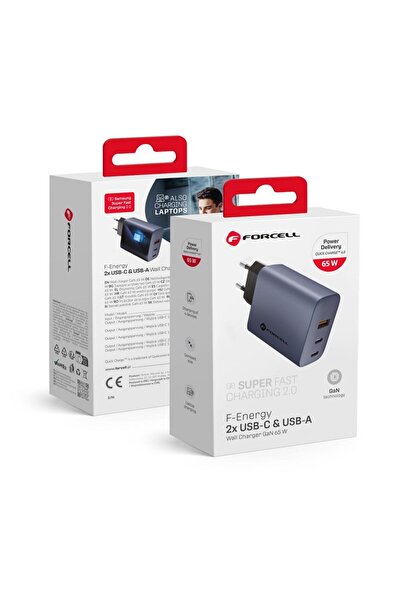 Forcell Încărcător de rețea F-Energy GaN - 65W cu porturi: 2x USB C și USB A ...