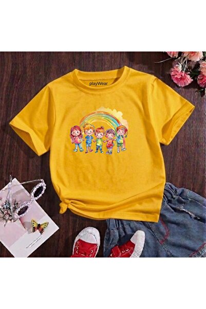 playwear Παιδικό μπλουζάκι unisex με στάμπα Rainbow, 100% βαμβακερό, με λαιμό...