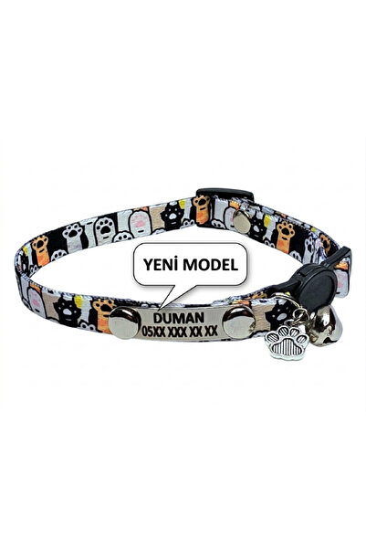 Gümüş künyeli isimli kedi tasması, güvenlik kilitli tasma, isimli kedi tasması, gümüş zımbalı model