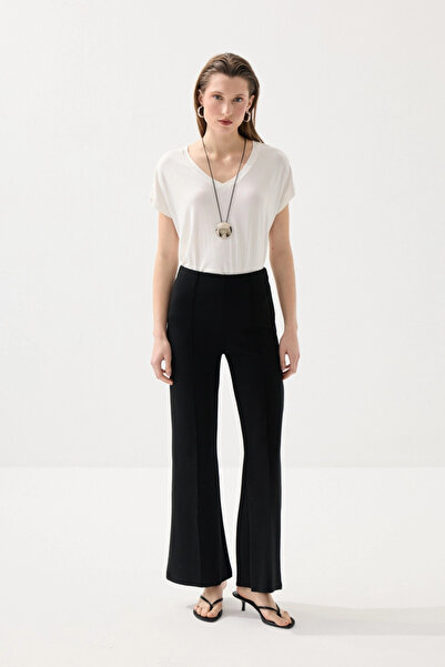 Gusto Ribbed Detailed Spanish-Cut Knitted Trousers - Black