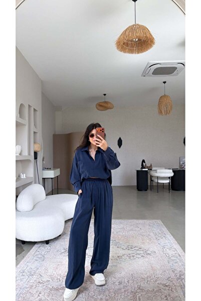 Buket Teke Σετ παντελονιού και πουκάμισου σε σκούρο μπλε με κρυφά κουμπιά