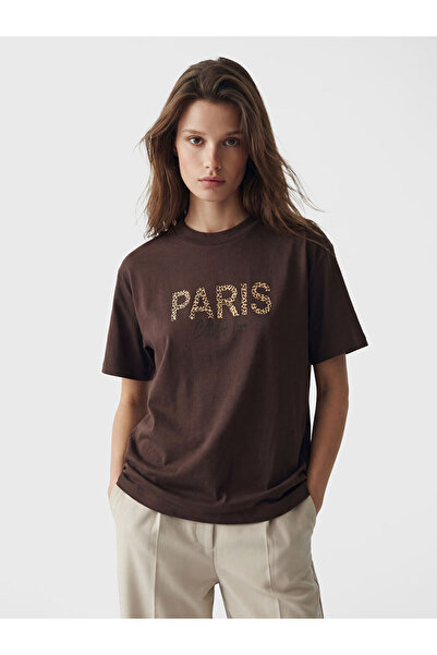 LC Waikiki Brown Paris Printed Cotton Women's T-Shirt