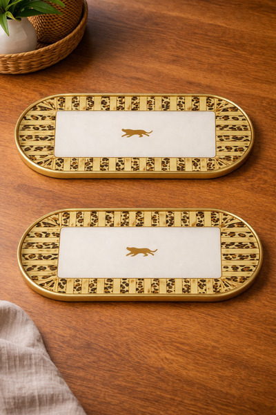 syolife 2’li Leopar Desenli Kahve Sunum Tepsisi 30x12 cm | Şık Servis Tabağı ...