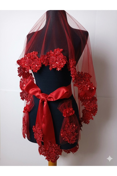Anka kına evi Red Vip Luxury Appliqued Bridal Veil, Henna Cover Set