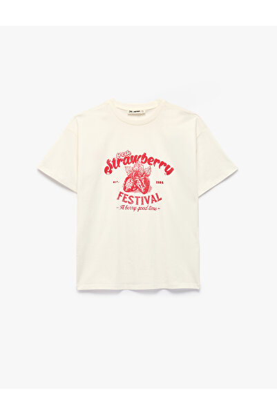 Koton Kısa Kollu Bisiklet Yaka Çilek Baskılı Rahat Kalıp Pamuklu Tişört