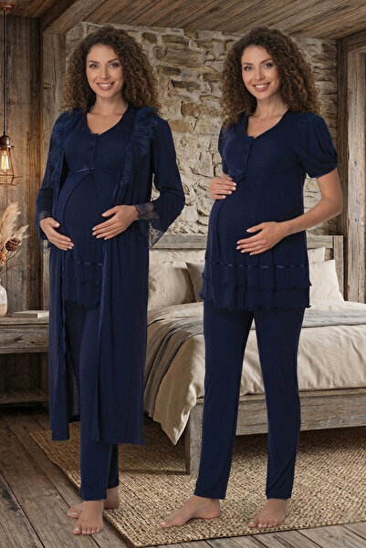 lohusahamile Σετ Πιτζάμες Εγκυμοσύνης με Δαντελένια Ρόμπα και Κρυφή Λειτουργί...