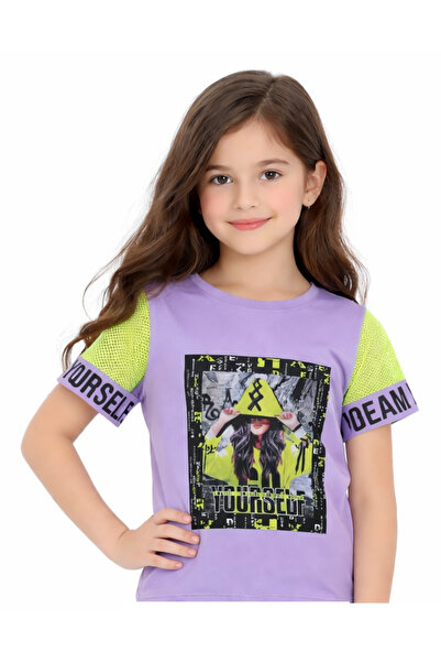 İrem Çocuk Giyim Girl's Lilac Color T-Shirt with Patterned Front, Mesh Sleeve...