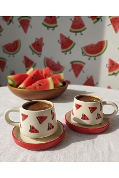 İNA PAZARLAMA 2-Pack Watermelon Patterned Ceramic Mug with Plate