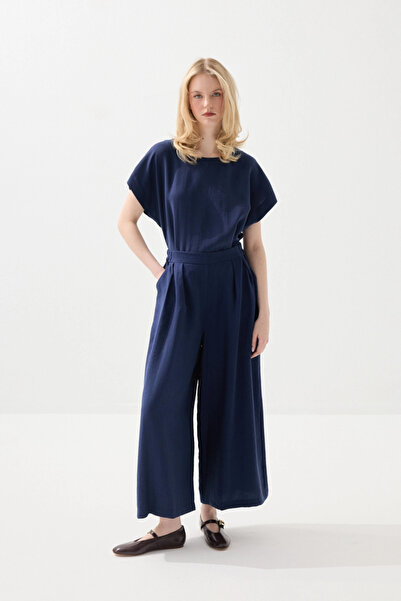 Gusto Wide Leg Tencel Trousers - Navy Blue