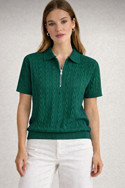 threeoff Bluză tricotată pentru femei, cu guler polo, cu jumătate de fermoar,...