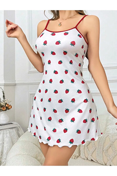 Bleu Petite Λευκό χρώμα με σχέδιο φράουλας, λεπτές τιράντες, βαμβακερό γυναικ...