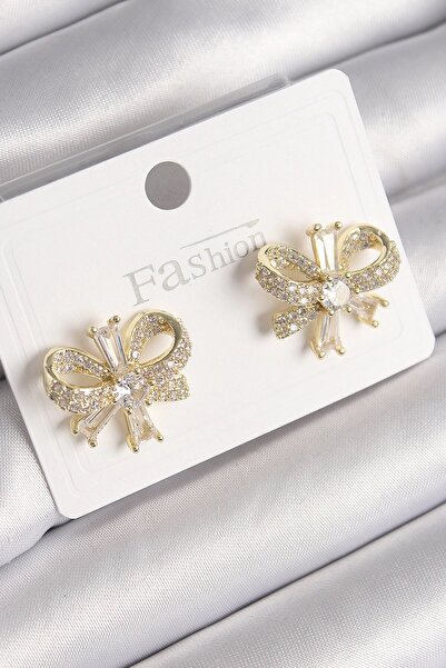 TakÇalıştır Brass Gold Color Zircon Stone Bow Model Women's Earrings