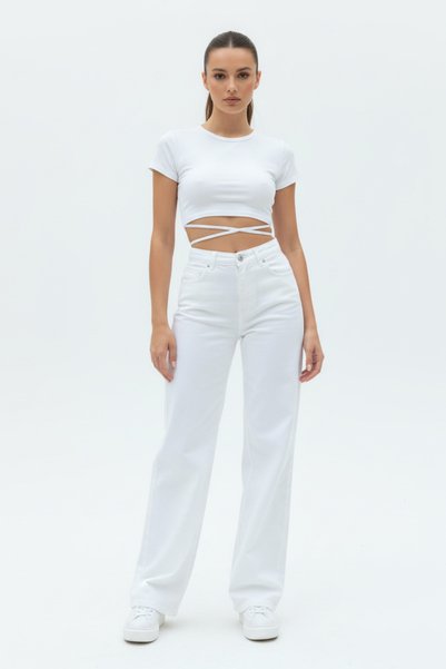 WODDİ Nova Women's High Waist White Loose Jeans Wide Leg Palazzo Denim Pants