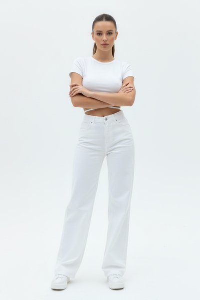 WODDİ Nova Women's High Waist White Loose Jeans Wide Leg Palazzo Denim Pants