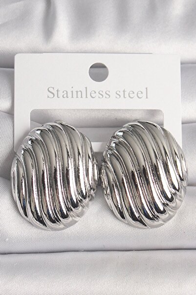 TakÇalıştır Brass Silver Color Embroidered Oval Model Women's Earrings