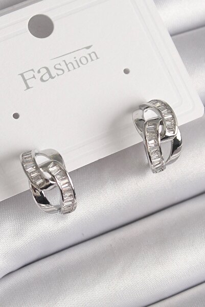 TakÇalıştır Brass Silver Color Zircon Stone Chain Model Women's Earrings