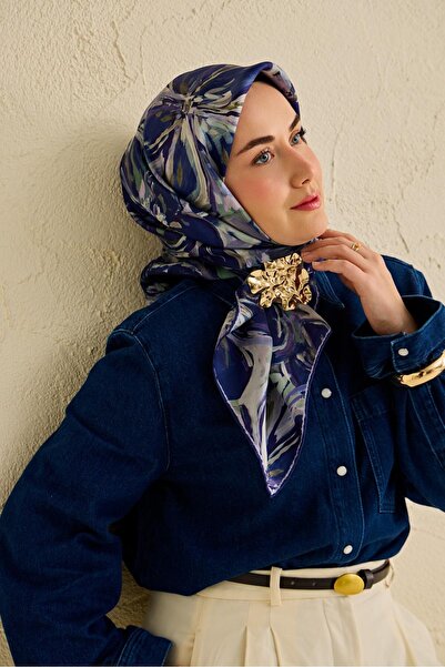 Silk Home Twill İpek Eşarp Floral Art Desen Gece Mavisi 90x90