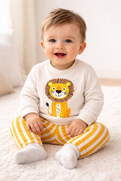 MixMax Bebe Erkek Bebek Çizgili Aslanlı Alt Üst Bebek Takımı %100 Pamuklu