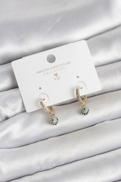 TakÇalıştır Minimal Nazarlı Model Gold Color Zircon Stone Women's Earrings