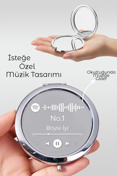 Giftino Kişiye Özel Spotify Barkodlu Gümüş Makyaj Aynası - Sevgiliye Özel Sil...
