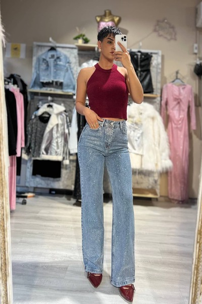 Tamor Butik Crystal Mist High Waist Taşlı Jean Pantolon