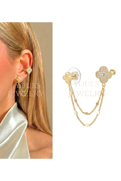 YOUES JEWELRY 14K Altın Renk Zincir Detaylı Ear Cuff Kadın Küpe 1 ADET