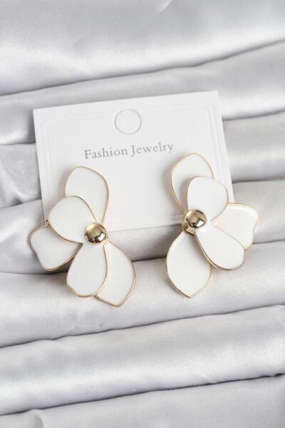 taştekin global Cream Enamel Lotus Model Brass Women's Earrings