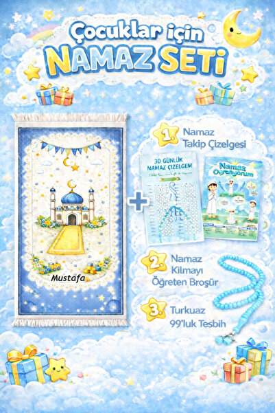simply line İSME ÖZEL Erkek Kız Çocuk Seccadesi Tespih Namaz Öğreniyorum broş...