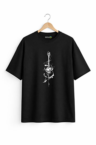 Kidilia Unisex Crew Neck Design Black T-Shirt with Guitar Image