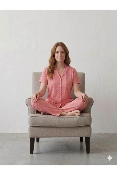 FAMES PİJAMA Summer Lycra Women's Buttoned Combed Cotton Viscose Pajama Set